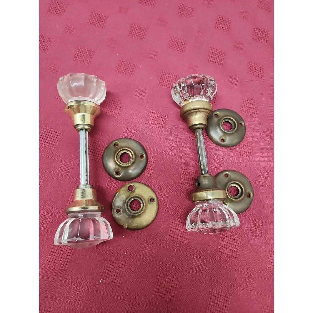 Vintage 12 Point Crystal Door Knob Sets With Spindle And Bezels Lot Of 2 ~ 1930s